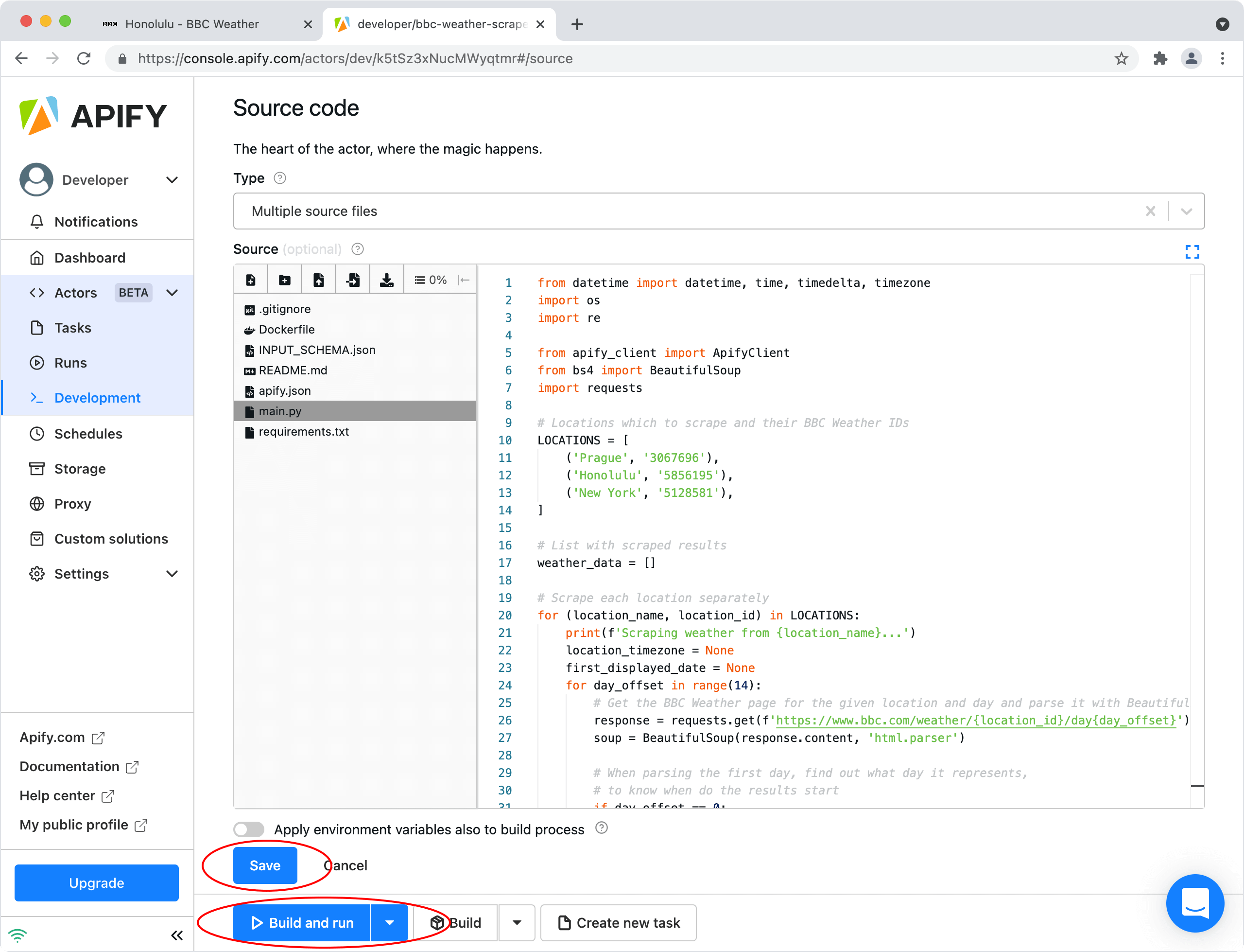 Building and running the BBC Weather Scraper Actor