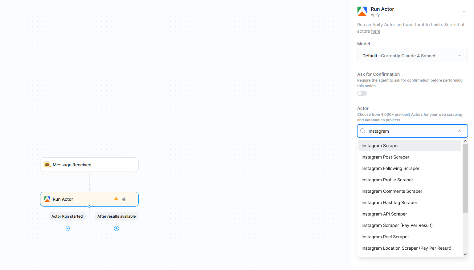 Apify "Run Actor" module configuration in Lindy, showing a dropdown or search for Actors, with "Instagram profile scraper" selected.